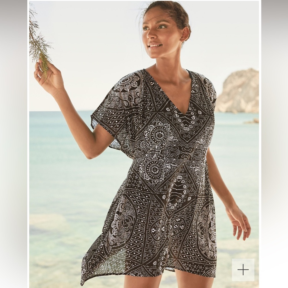 Garnet Hill Organic Cotton Kaftan Coverup Dress SZ S Black Batik